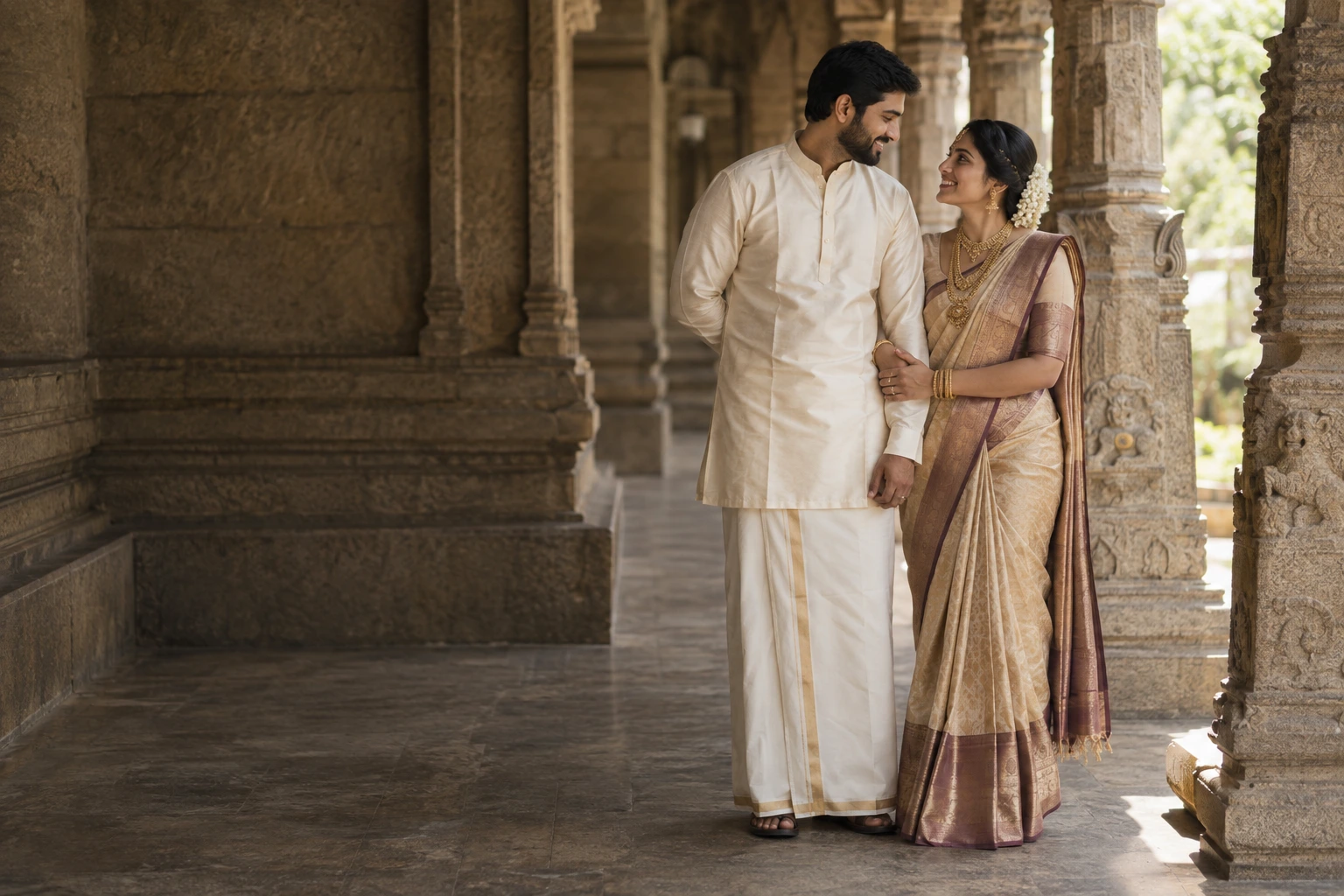 The couple together in a heritage courtyard