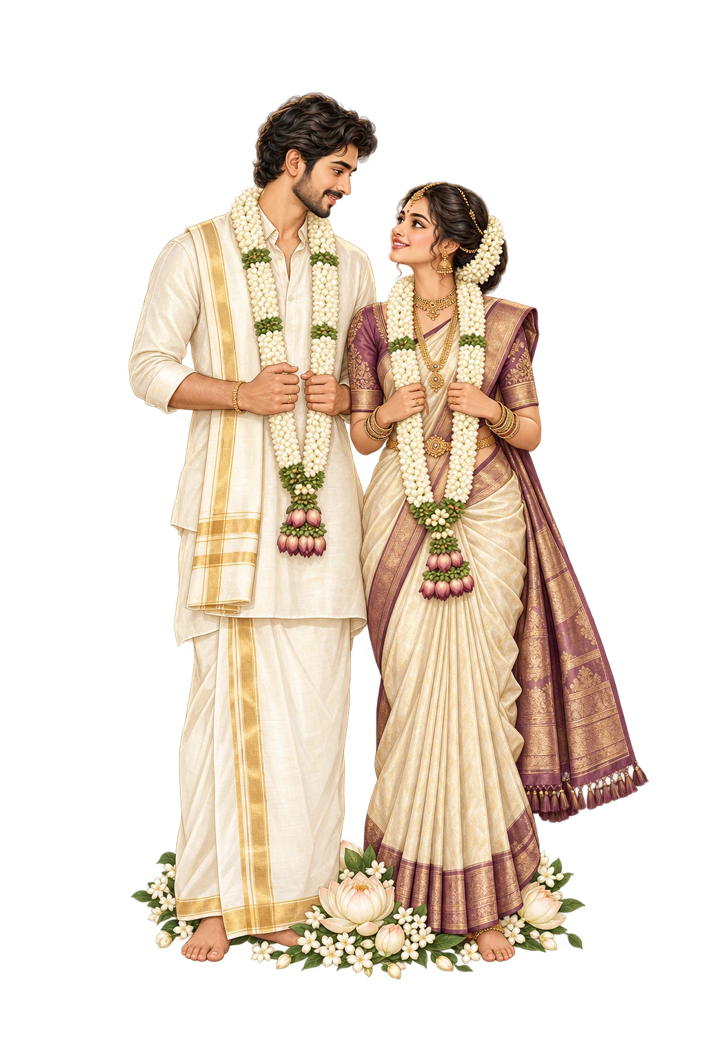 An illustrated South Indian bride and groom holding wedding garlands