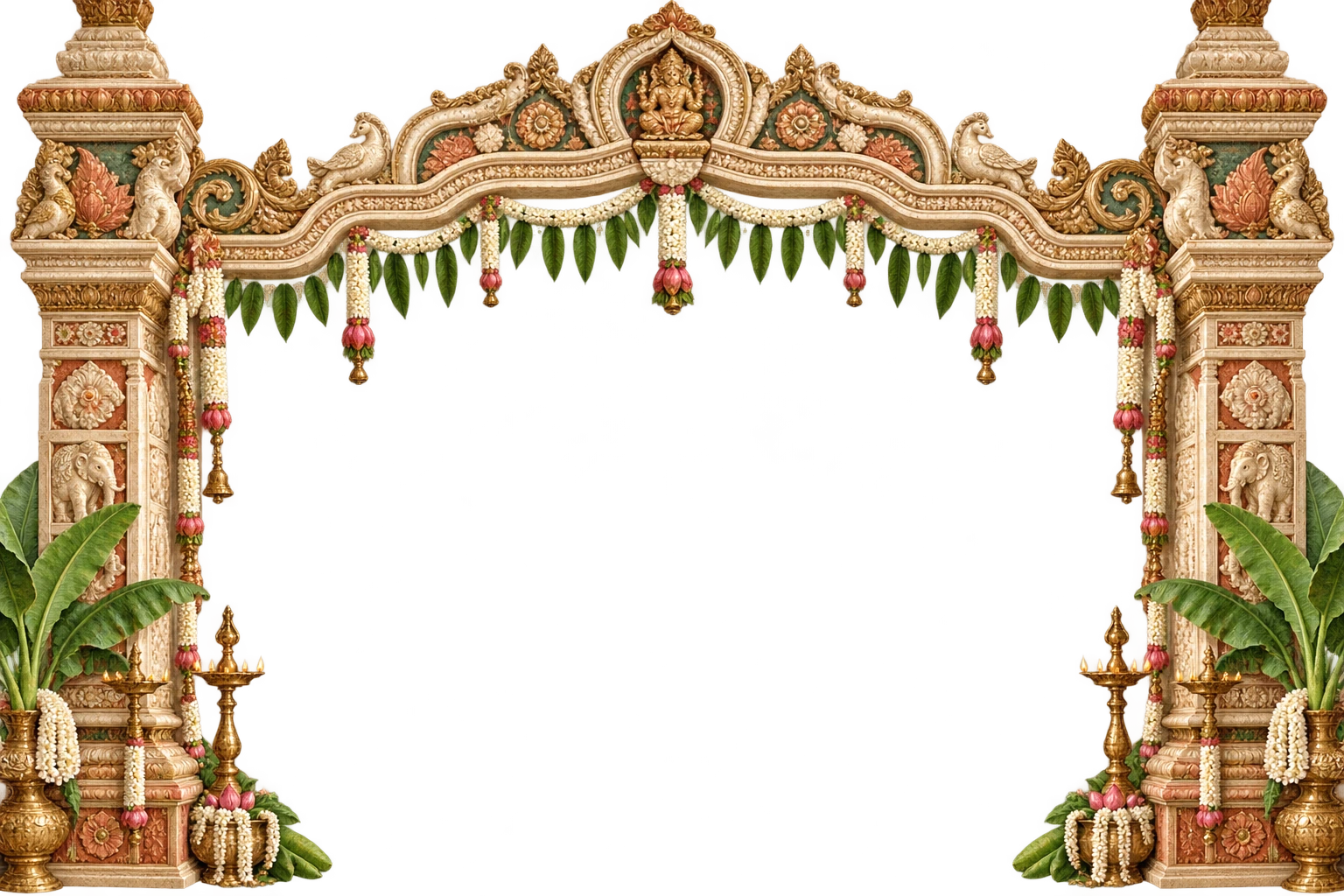 Carved wedding gateway with jasmine garlands, banana leaves and brass lamps