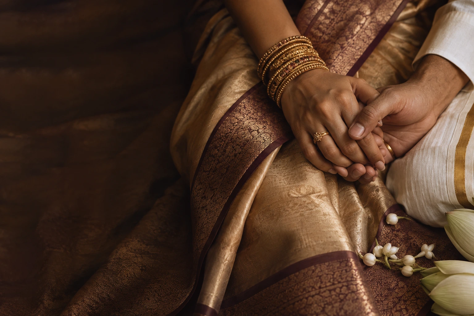 Champagne silk, gold bangles and intertwined hands