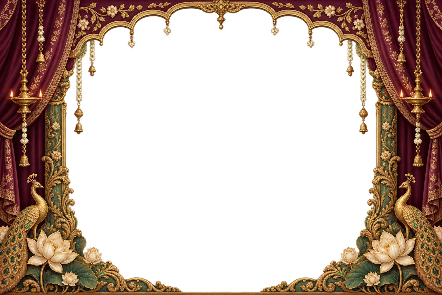Plum and antique gold wedding arch with lamps and lotus ornament