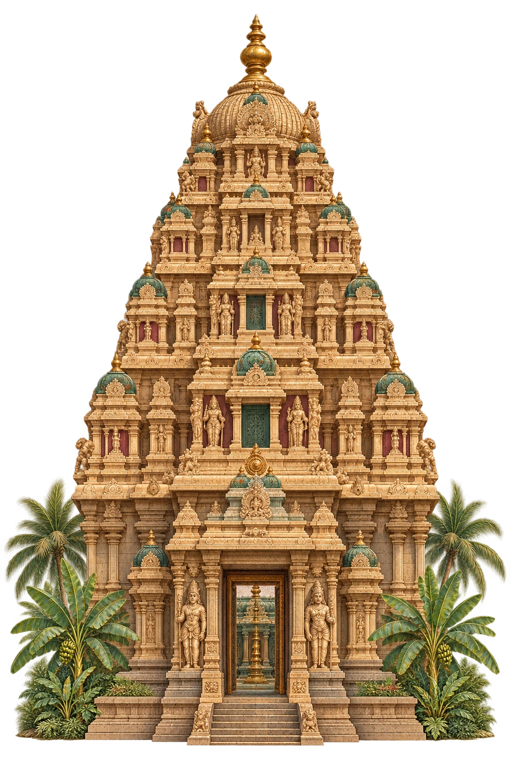 An illustrated Chola-inspired South Indian temple rises into the sky